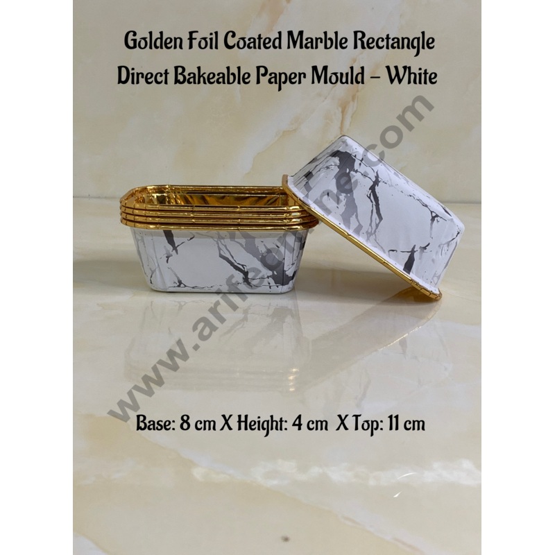 Cake Decor Golden Foil Coated Marble Rectangle Direct Bake-able Paper Mould - White (50 Pcs)
