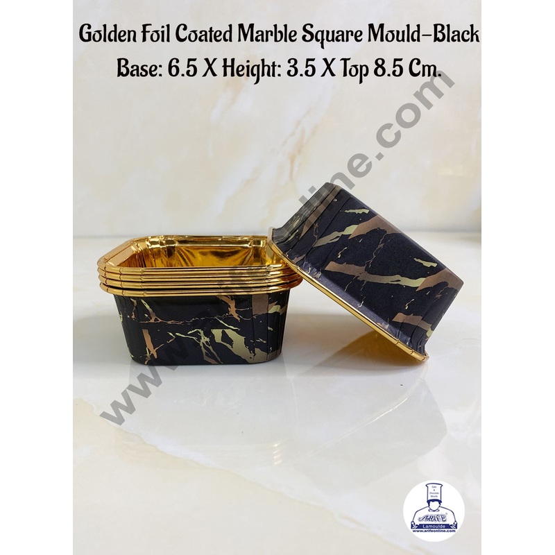 Cake Decor Golden Foil Coated Marble Square Direct Bake-able Paper Mould - Black (50 Pcs)