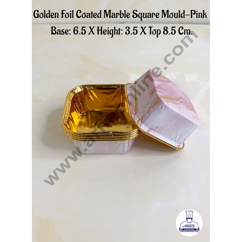 Cake Decor Golden Foil Coated Marble Square Direct Bake-able Paper Mould - Pink (50 Pcs)
