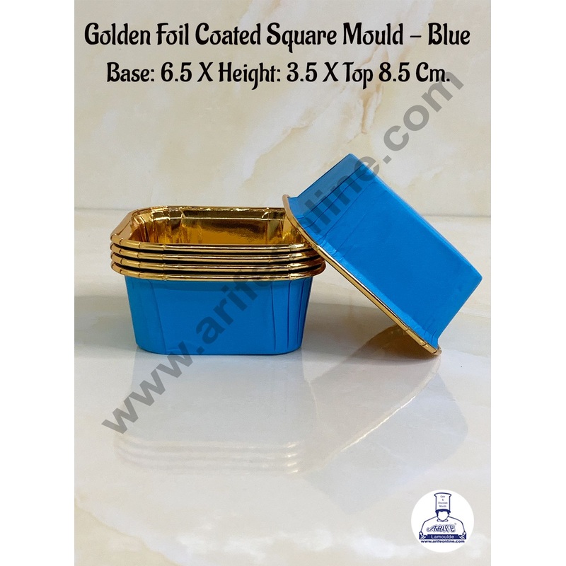 Cake Decor Golden Foil Coated Square Direct Bake-able Paper Mould - Blue (50 Pcs)
