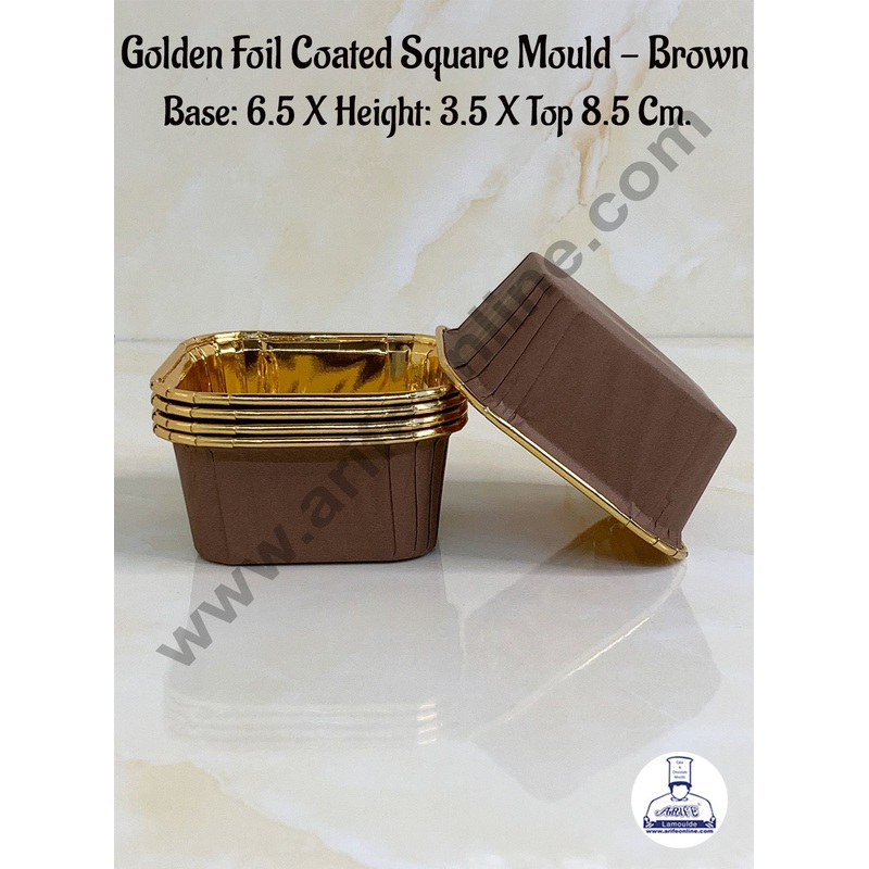 Cake Decor Golden Foil Coated Square Direct Bake-able Paper Mould - Brown (50 Pcs)