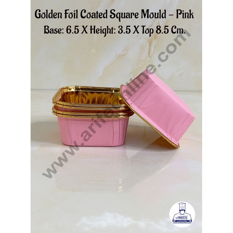 Cake Decor Golden Foil Coated Square Direct Bake-able Paper Mould - Pink (50 Pcs)