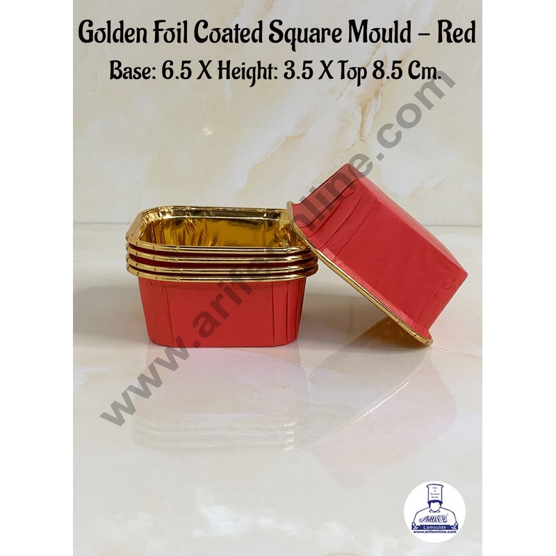 Cake Decor Golden Foil Coated Square Direct Bake-able Paper Mould - Red (50 Pcs)