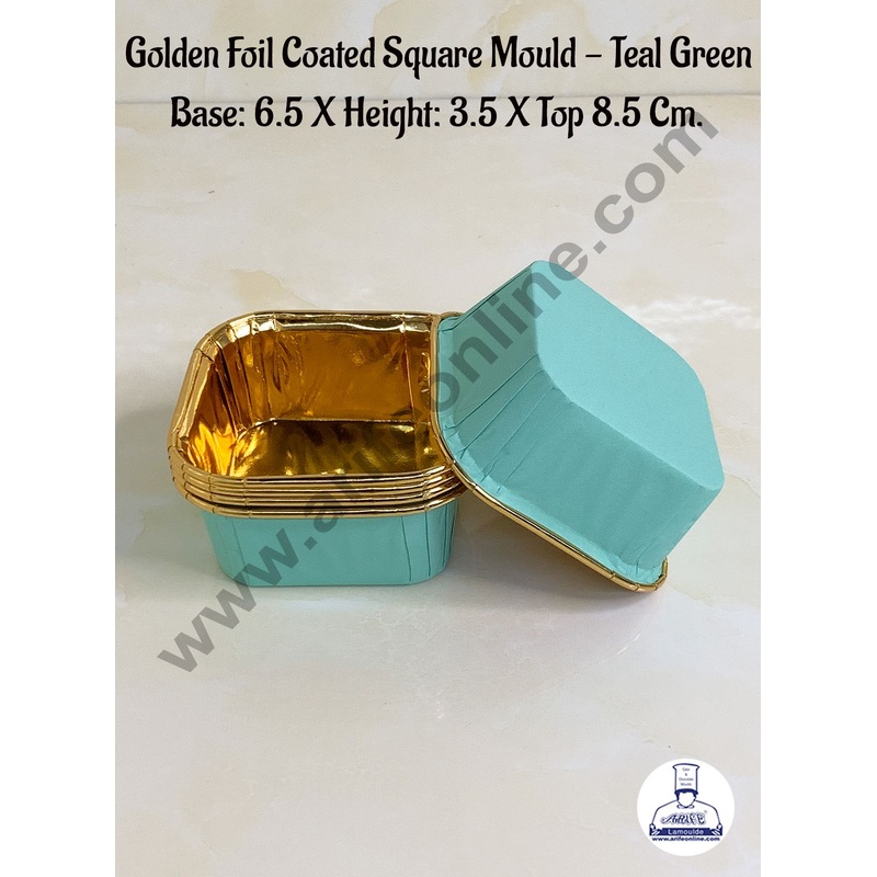 Cake Decor Golden Foil Coated Square Direct Bake-able Paper Mould - Teal Green (50 Pcs)