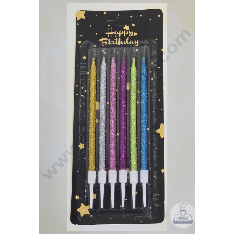 CAKE DECOR Multi Color Glitter Thin Long Candles with Stand for Cake & Cupcake Decoration (6 Pcs Set)