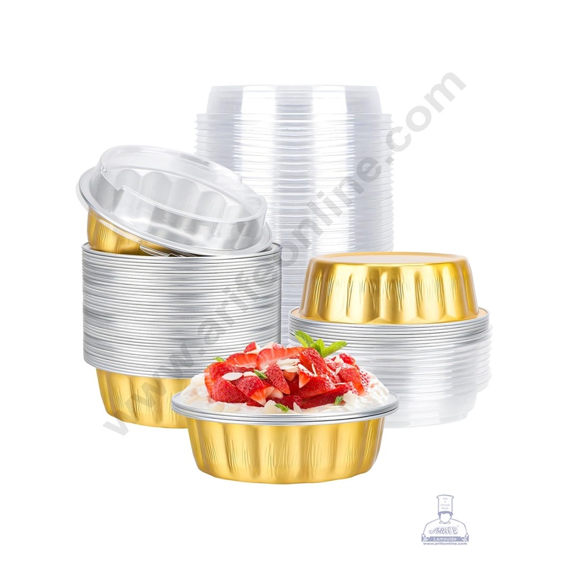 CAKE DECOR Round Alpha Aluminium Cup Tin Foil With Lid Bake & Serve Cup | Aluminium Containers | Non-Stick Foil Baking Cups - 5 Pcs Pack