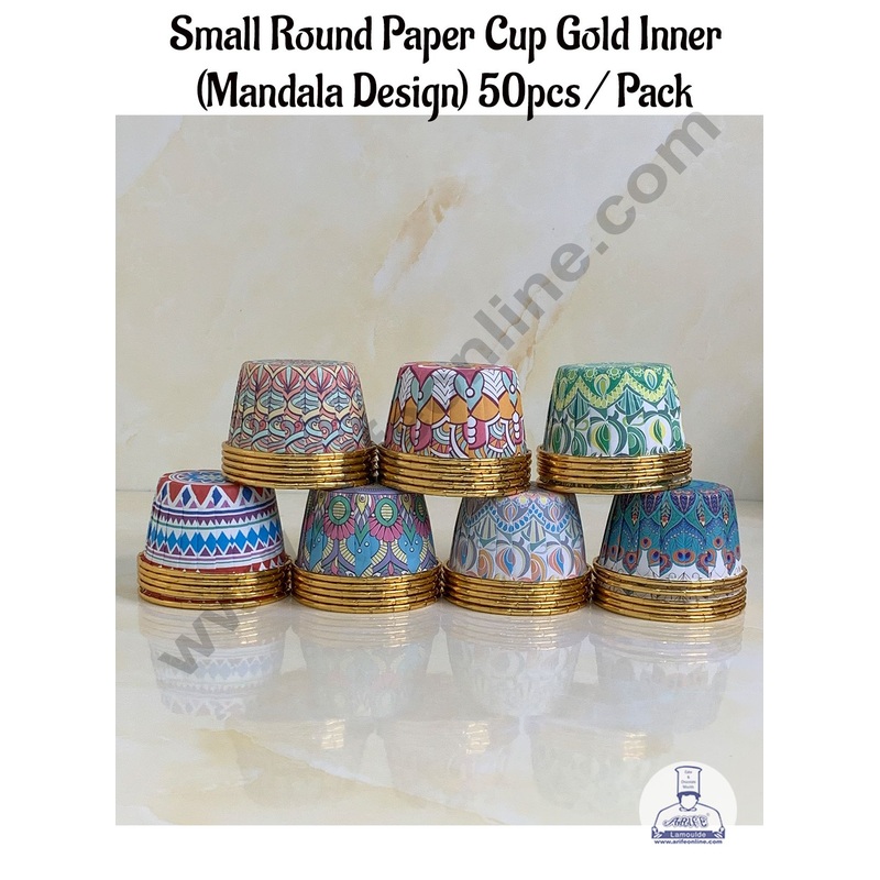 Cake Decor Round Direct Bakeable Cups With Plastic Golden Coating Mandala Design Bake and Serve Disposable Mould 50 Pcs (Assorted Color)