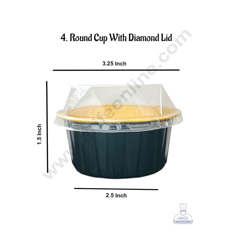 CAKE DECOR Round Frill Aluminium Tin Foil With Diamond Lid Bake & Serve Cup| Aluminium Containers | Non-Stick Foil Baking Cups -5 Pcs Pack