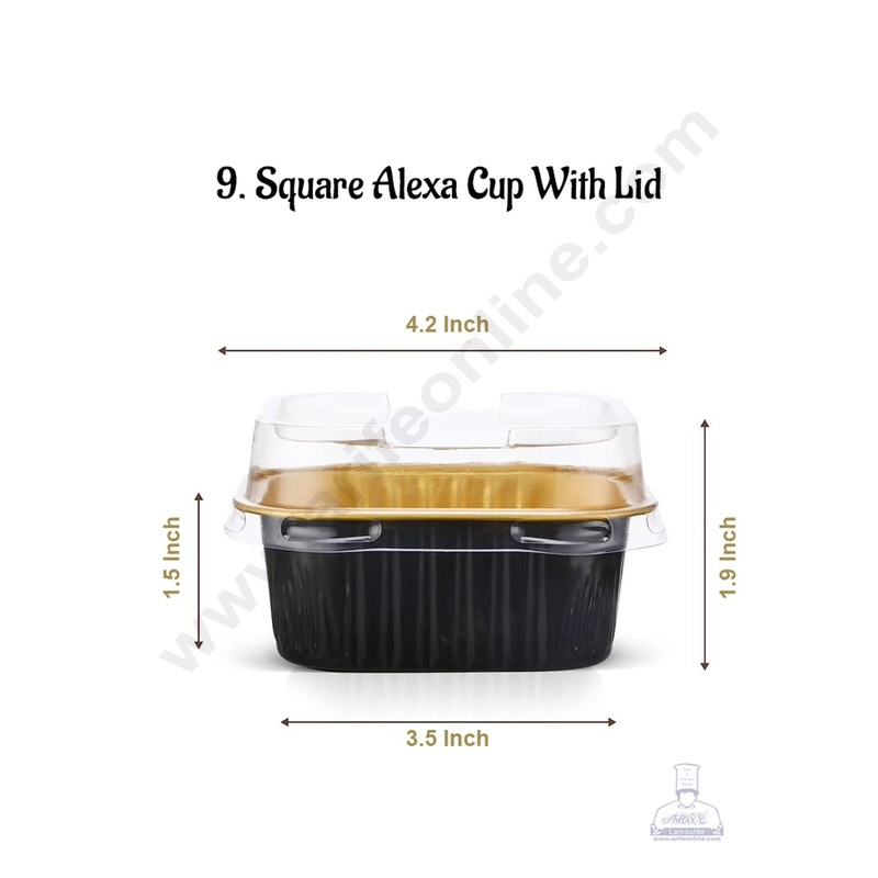 CAKE DECOR Square Alexa Aluminium Cup Tin Foil With Lid Bake & Serve Cup | Aluminium Containers | Non-Stick Foil Baking Cups - 5 Pcs Pack