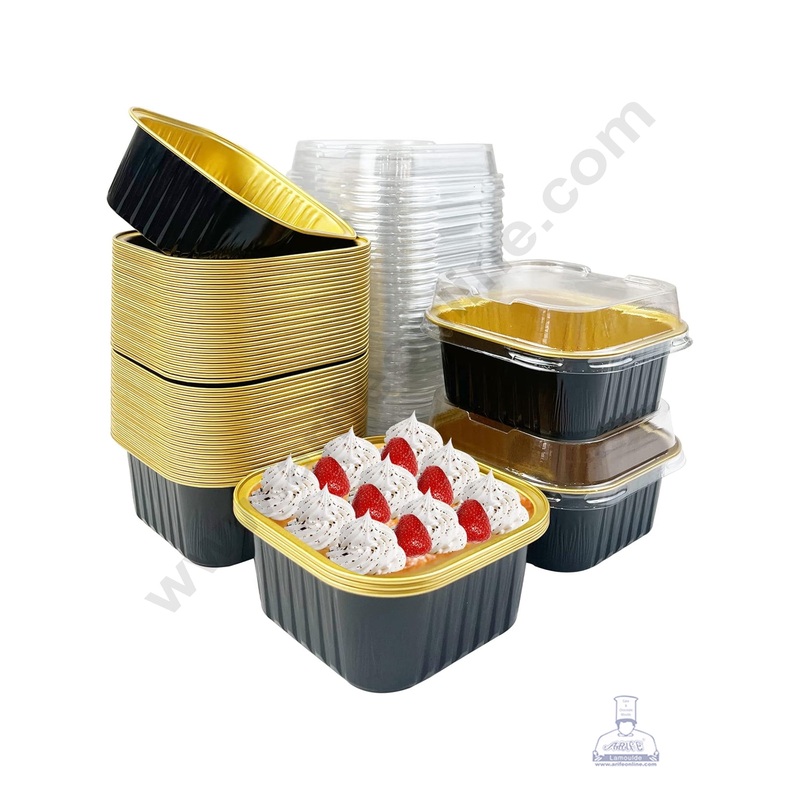 CAKE DECOR Square Atom Aluminium Cup Tin Foil With Lid Bake & Serve Cup| Aluminium Containers | Non-Stick Foil Baking Cups - 5 Pcs Pack