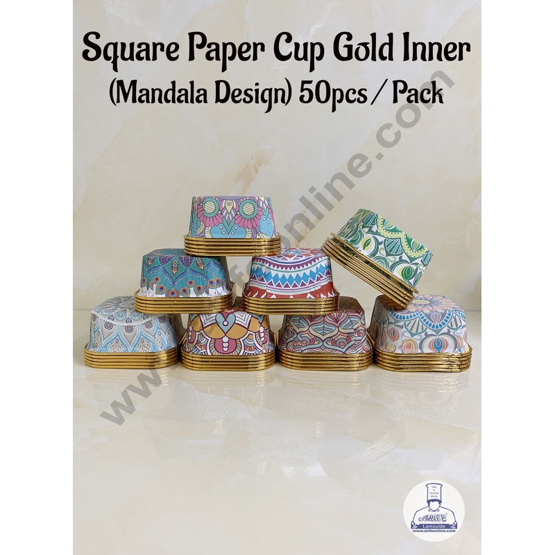 Cake Decor Square Direct Bakeable Cups With Plastic Golden Coating Mandala Design Bake and Serve Disposable Mould 50 Pcs (Assorted Color)