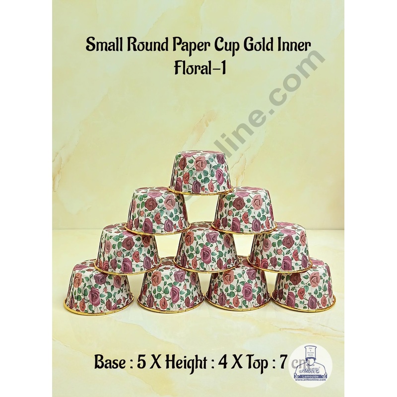 Cake DecorRound Direct Bakeable Cups With Plastic Golden Coating Floral Design Bake and Serve Disposable Mould 50 Pcs (Floral 1)
