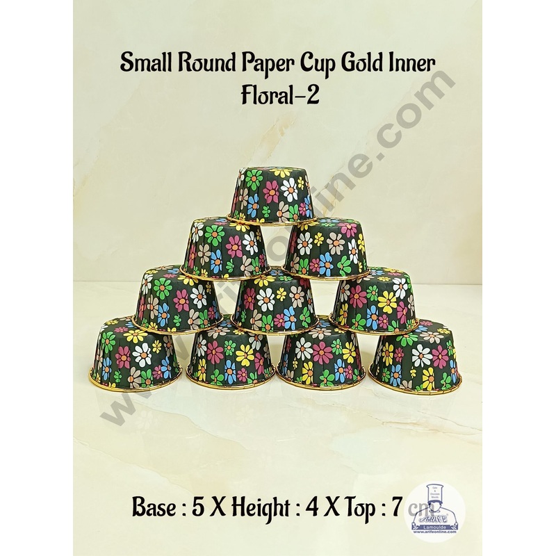 Cake DecorRound Direct Bakeable Cups With Plastic Golden Coating Floral Design Bake and Serve Disposable Mould 50 Pcs (Floral-2)