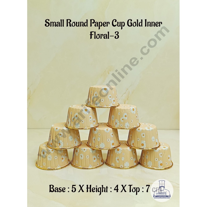 Cake DecorRound Direct Bakeable Cups With Plastic Golden Coating Floral Design Bake and Serve Disposable Mould 50 Pcs (Floral-3)