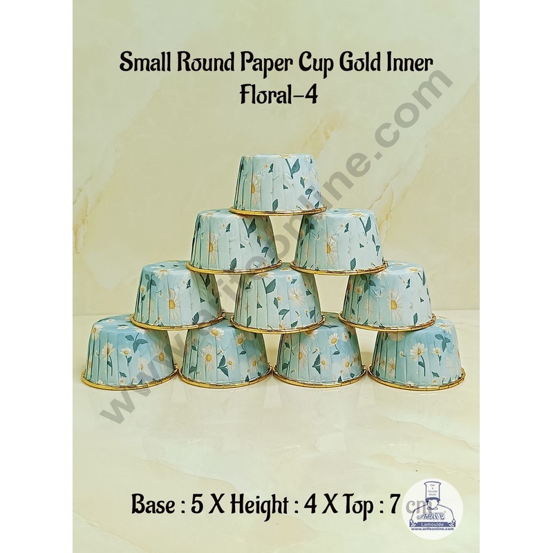 Cake DecorRound Direct Bakeable Cups With Plastic Golden Coating Floral Design Bake and Serve Disposable Mould 50 Pcs (Floral-4)