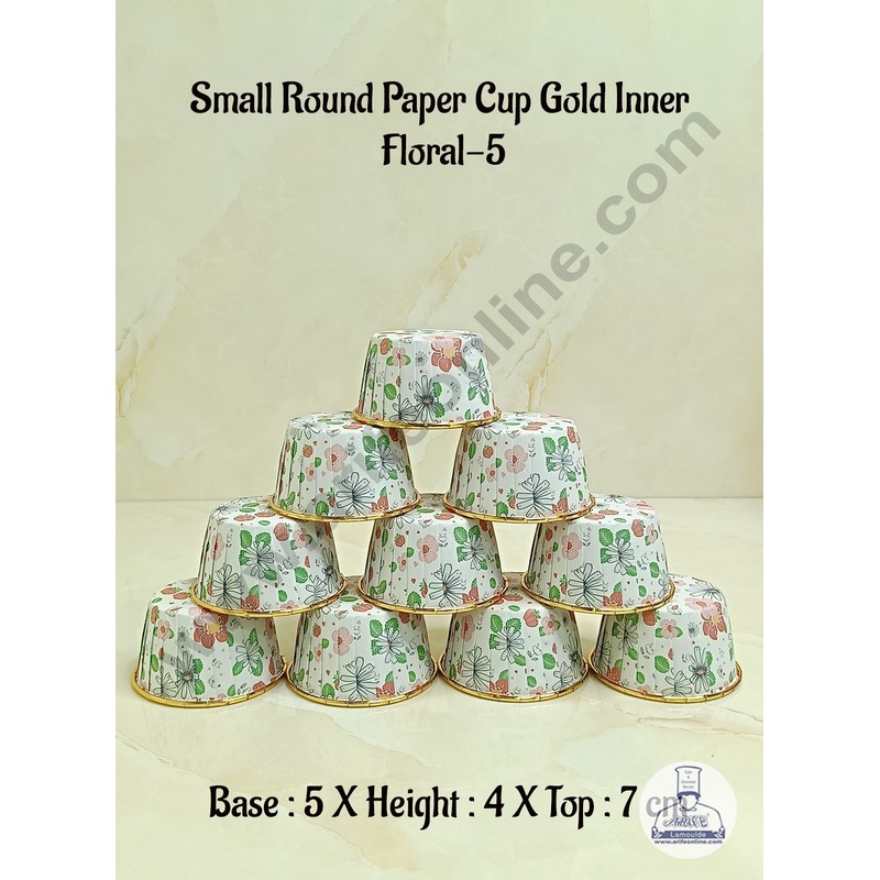 Cake DecorRound Direct Bakeable Cups With Plastic Golden Coating Floral Design Bake and Serve Disposable Mould 50 Pcs (Floral-5)