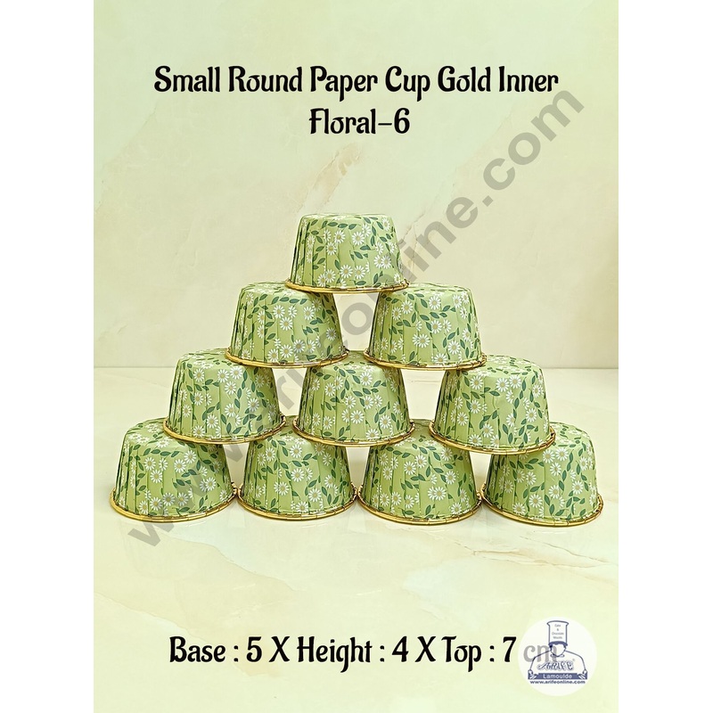 Cake DecorRound Direct Bakeable Cups With Plastic Golden Coating Floral Design Bake and Serve Disposable Mould 50 Pcs (Floral-6)