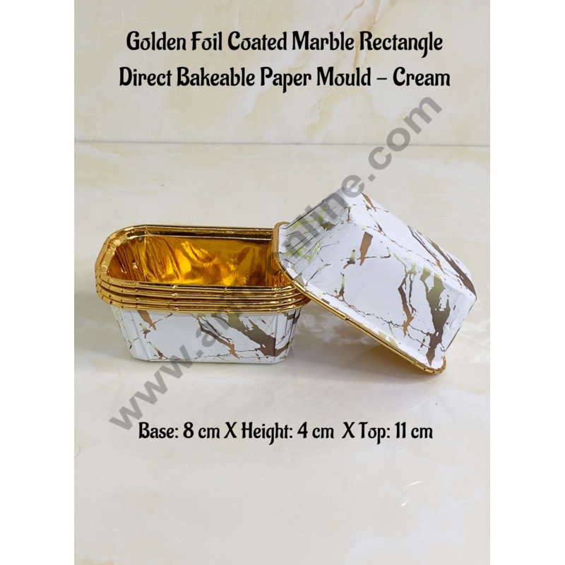 Golden Foil Coated Marble Rectangle Direct Bake-able Paper Mould - Cream (50 Pcs) Cake Decor