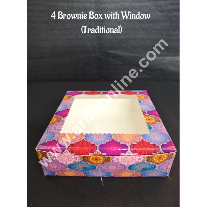 CAKE DECOR 4 Cavity Brownie Boxes with Clear Window Traditional design | Brownie Carriers - 10 Pcs Pack