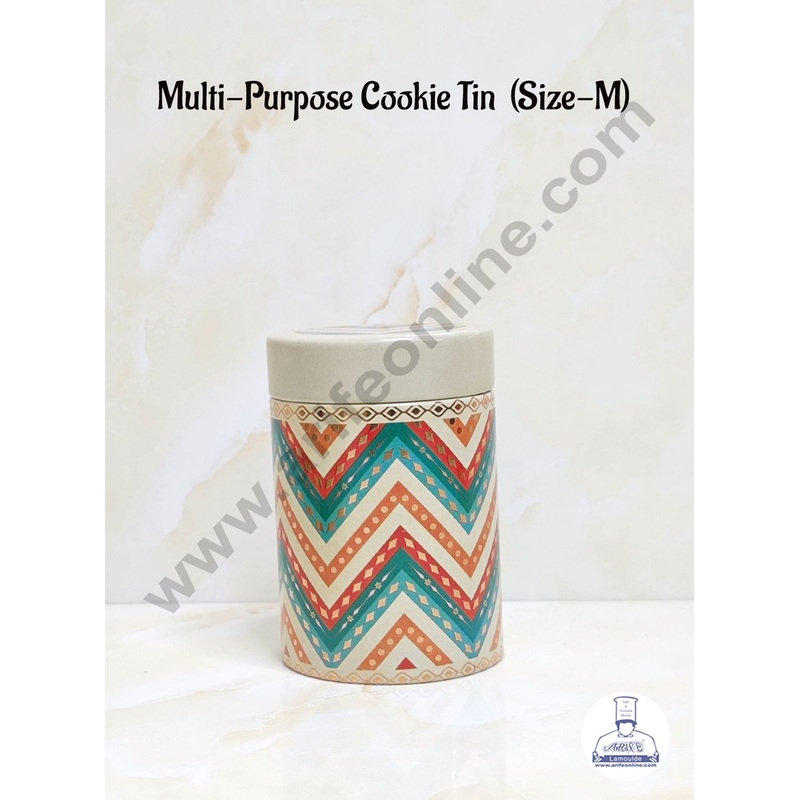 CAKE DECOR Beige color Multi-Purpose Round Printed Cookie Tins | Airtight Tin Jars | Printed Metal Jar| Gift Hamper Jar (Size M)