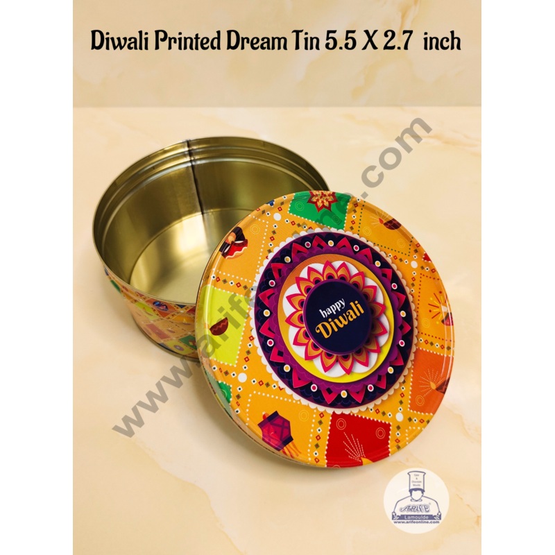 CAKE DECOR Dream Cake Tin Torte Cake Cookie Cake Tin Happy Diwali Printed Design - YELLOW color - 5.5 x 2.7 Inch
