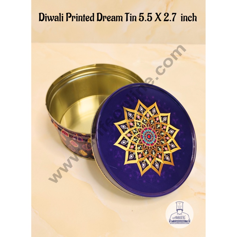 CAKE DECOR Dream Cake Tin Torte Cake Cookie Cake Tin Traditional Diwali Printed Design - Dark purple Color - 5.5 x 2.7 Inch