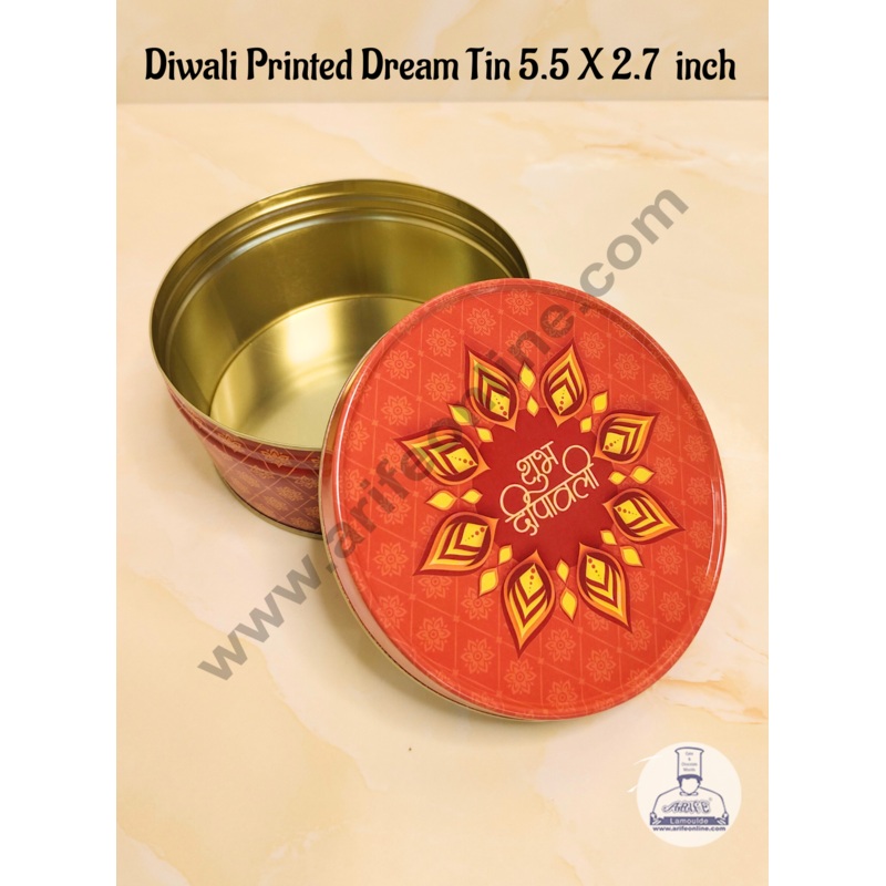 CAKE DECOR Dream Cake Tin Torte Cake Cookie Cake Tin Traditional Diwali Printed Design - Orange Color - 5.5 x 2.7 Inch