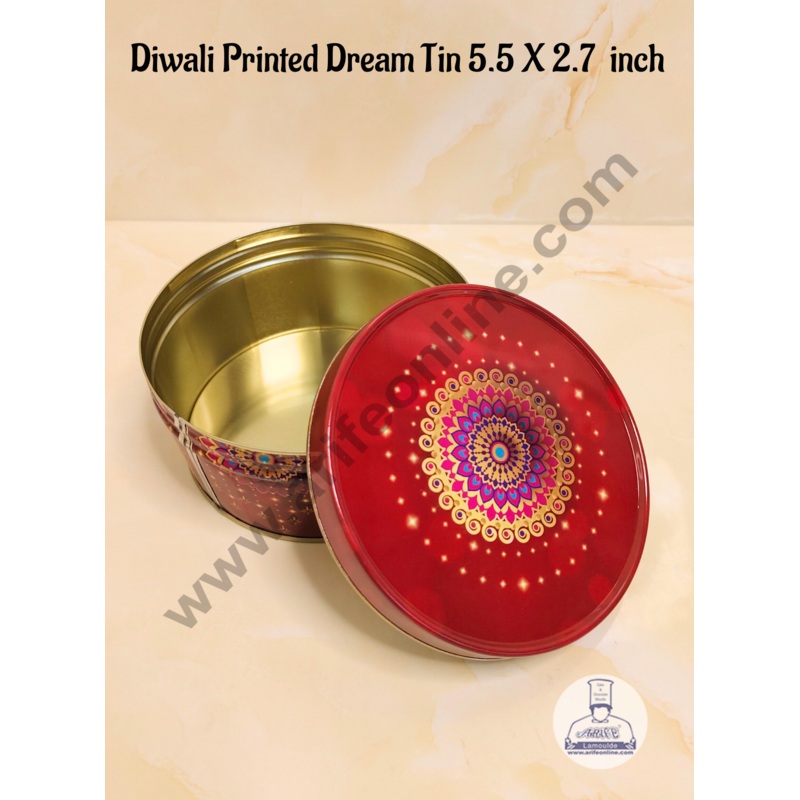 CAKE DECOR Dream Cake Tin Torte Cake Cookie Cake Tin Traditional Diwali Printed Design - Red & Golden Color - 5.5 x 2.7 Inch