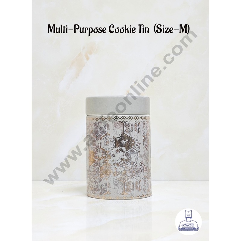 CAKE DECOR Grey color Multi-Purpose Round Printed Cookie Tins | Airtight Tin Jars | Printed Metal Jar| Gift Hamper Jar (Size M)