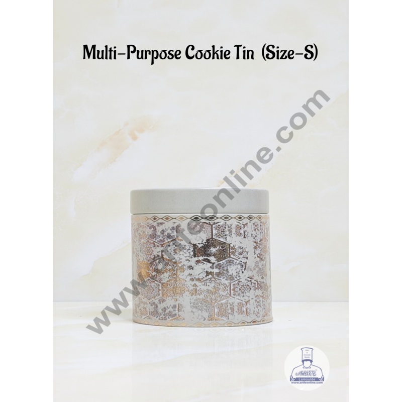 CAKE DECOR Grey color Multi-Purpose Round Printed Cookie Tins | Airtight Tin Jars | Printed Metal Jar| Gift Hamper Jar (Size S)
