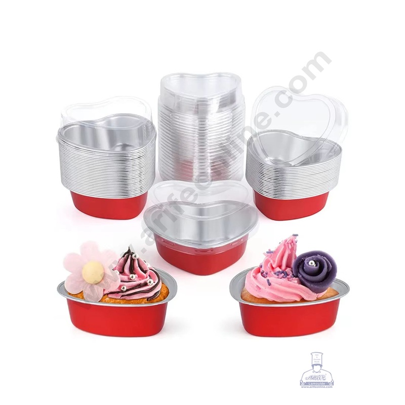 CAKE DECOR Heart Shape Aluminium Tin Foil Bake & Serve Cup with Lid | Aluminium Containers | Non-Stick Foil Baking Cups - Red - 5 Pcs Pack