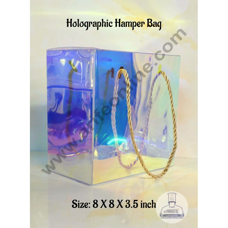 CAKE DECOR Holographic  PVC Hamper Bag with Handle  - 8 X 8 X 3.5 Inch | Gift Box | Gift Bag with Handle (1 Pcs Pack)