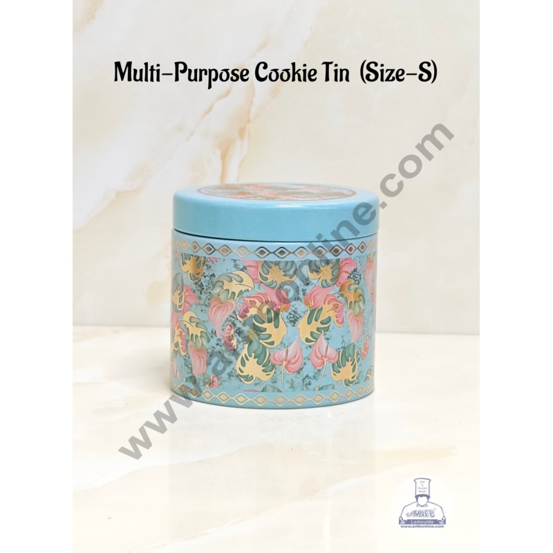 CAKE DECOR Light Blue Petals Printed  Multi-Purpose Round  Cookie Tins | Airtight Tin Jars | Printed Metal Jar| Gift Hamper Jar (Size S)