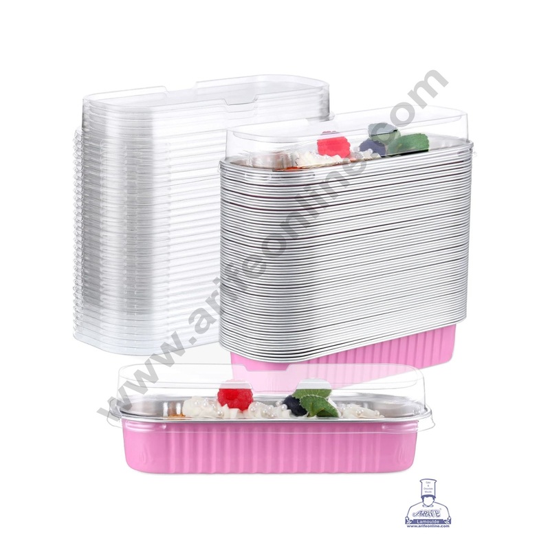 CAKE DECOR Rectangle  Aluminium Tin Foil Bake & Serve Cup with Lid | Aluminium Containers | Non-Stick Foil Baking container - Pink - 5 Pcs Pack