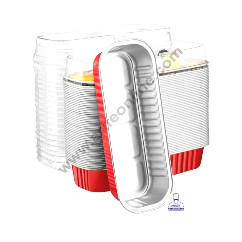 CAKE DECOR Rectangle  Aluminium Tin Foil Bake & Serve Cup with Lid | Aluminium Containers | Non-Stick Foil Baking container - Red - 5 Pcs Pack