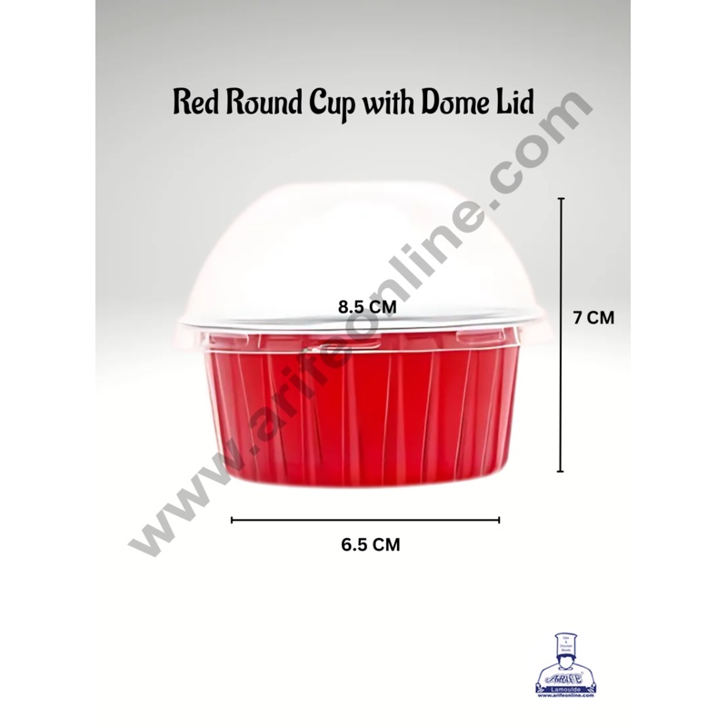 CAKE DECOR Red Round Frill Aluminium Tin Foil Baking Cups with Dome Lid | Non-Stick Bake & Serve Aluminium Containers (Pack of 5)