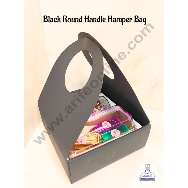 CAKE DECOR  Round Handle Hamper Box With Cavity (Black)  | Gift Box | Gift Bag With Handle (1 Pc Pack)