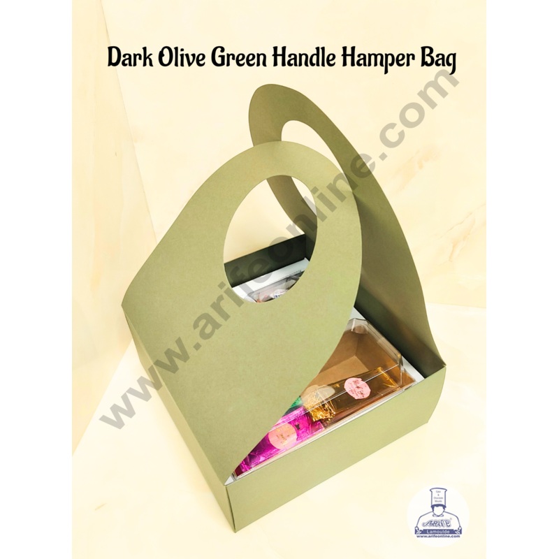 CAKE DECOR  Round Handle Hamper Box With Cavity (Dark Olive Green)  | Gift Box | Gift Bag With Handle (1 Pc Pack)