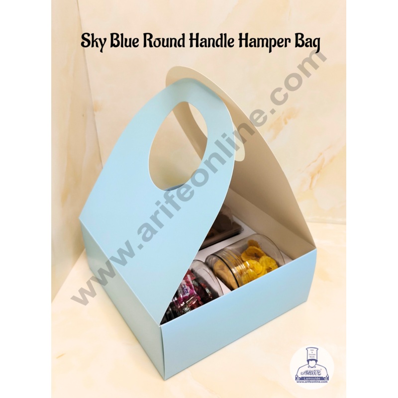 CAKE DECOR  Round Handle Hamper Box With Cavity (Sky Blue)  | Gift Box | Gift Bag With Handle (1 Pc Pack)
