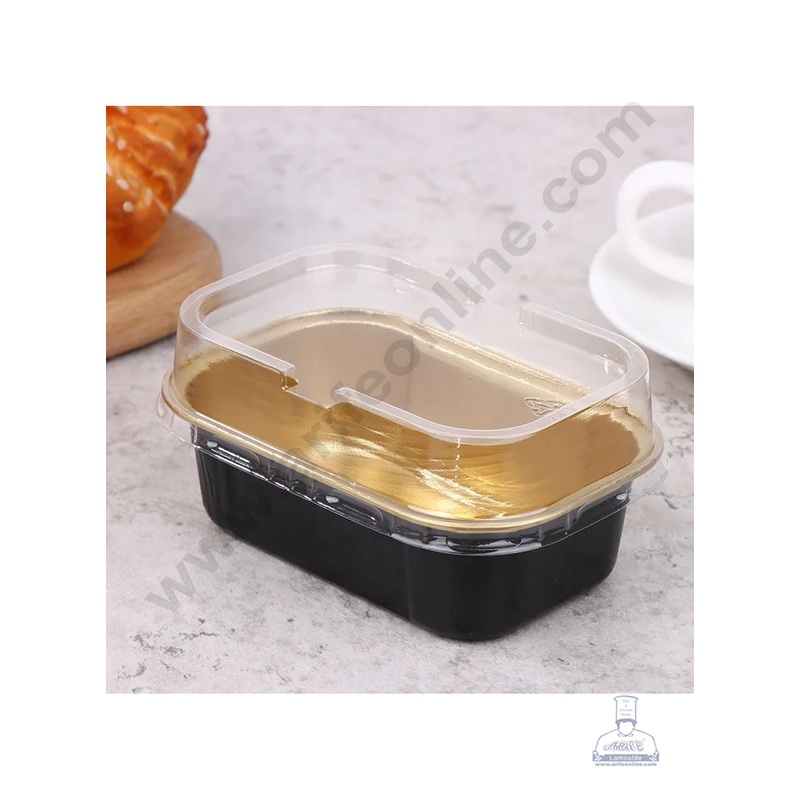 CAKE DECOR Small Rectangle Aluminium Tin Foil Bake & Serve Cup with Lid | Aluminium Containers | Non-Stick Foil Baking Cups - Black - 5 Pcs Pack