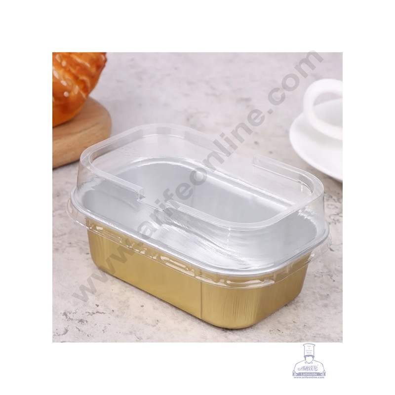CAKE DECOR Small Rectangle Aluminium Tin Foil Bake & Serve Cup with Lid | Aluminium Containers | Non-Stick Foil Baking Cups - Gold - 5 Pcs Pack