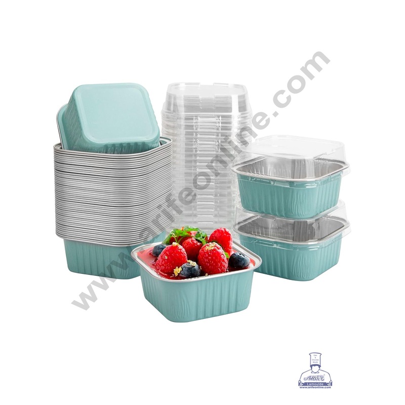 CAKE DECOR Square Atom Aluminium Cup Tin Foil With Lid Bake & Serve Cup| Aluminium Containers | Non-Stick Foil Baking Cups - Blue - 5 Pcs Pack