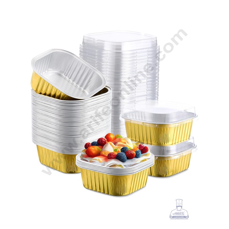 CAKE DECOR Square Atom Aluminium Cup Tin Foil With Lid Bake & Serve Cup| Aluminium Containers | Non-Stick Foil Baking Cups - Gold - 5 Pcs Pack