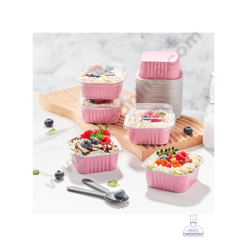 CAKE DECOR Square Atom Aluminium Cup Tin Foil With Lid Bake & Serve Cup| Aluminium Containers | Non-Stick Foil Baking Cups - Pink - 5 Pcs Pack