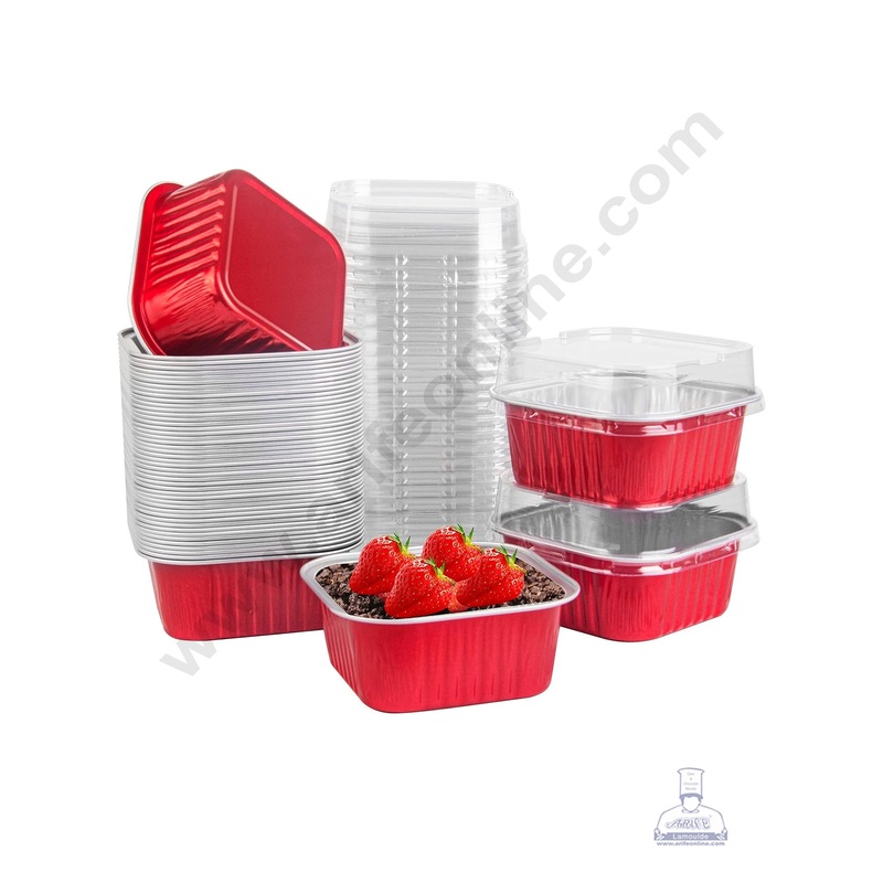 CAKE DECOR Square Atom Aluminium Cup Tin Foil With Lid Bake & Serve Cup| Aluminium Containers | Non-Stick Foil Baking Cups - Red - 5 Pcs Pack