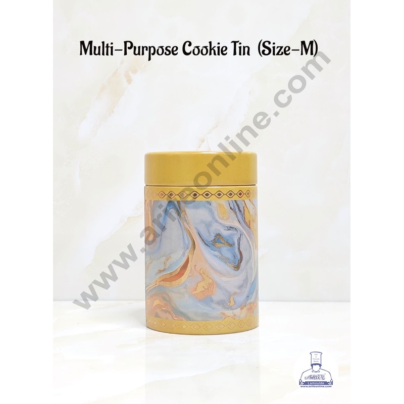 CAKE DECOR Yellow Multi-Purpose Round Printed Cookie Tins | Airtight Tin Jars | Printed Metal Jar| Gift Hamper Jar (Size M)