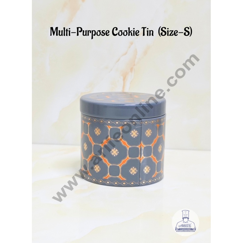 CAKE DECORGrey Gold Printed  Multi-Purpose Round  Cookie Tins | Airtight Tin Jars | Printed Metal Jar| Gift Hamper Jar (Size S)
