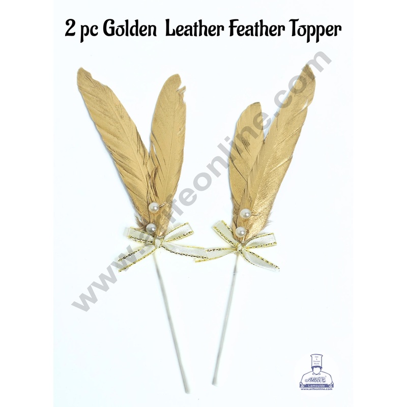 2 Pcs Golden Shade Feather Topper For Cake Decoration - CAKE DECOR