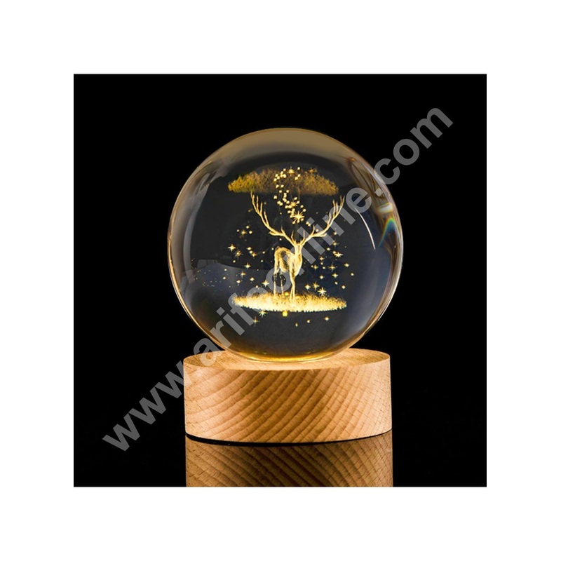 3D Reindeer Crystal Ball Night Lamp | USB Table LED with Wooden Stand for Home Office Christmas Decoration | Birthday Gift | Cake Decoration