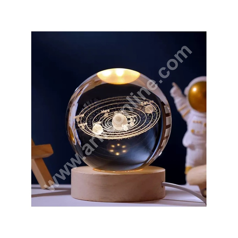 3D Solar System Crystal Ball Night Lamp | USB Table LED with Wooden Stand for Home Office Christmas Decoration | Birthday Gift | Cake Decoration